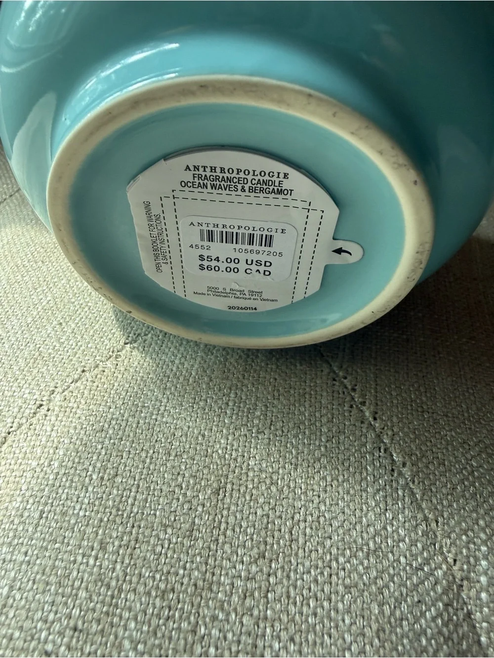 Anthropologie x FARM RIO Ocean Waves & Bergamot Ceramic Candle with Woven Lid
